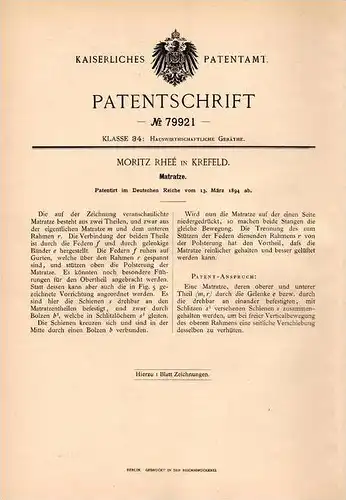 Original Patentschrift - Moritz Rheé in Krefeld , 1894 , Matratze , Bett , Betten , Schlafzimmer , Möbel !!!