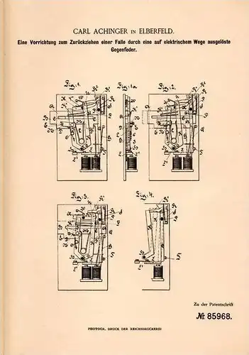 Original Patentschrift - Carl Achinger in Elberfeld , 1895 , elektr.  Schloßfalle , Schlüsseldienst , Wuppertal !!!