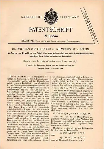 Original Patentschrift - Dr. W. Meyerhoffer in Wilmersdorf b. Berlin , 1896 , Extrahieren von Chlorkalium , Chemie !!!