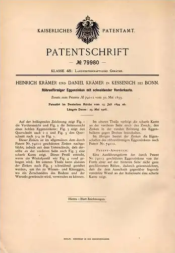Original Patentschrift - H. Krämer in Kessenich b. Bonn , 1894 , Zinken für Egge , Landwirtschaft , Agrar !!!
