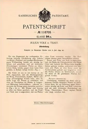 Original Patentschrift - Julius Volk in Tilsit , 1899 , Uferdeckung , Kanal , Fluss , Landschaftsbau , Bach !!!