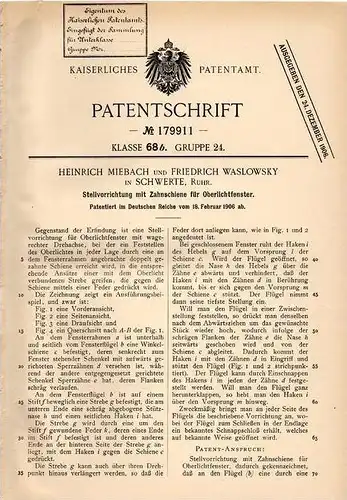 Original Patentschrift - H. Miebach und F. Waslowsky in Schwerte , Ruhr , 1906 , Apparat für Fenster , Fensterbau !!!