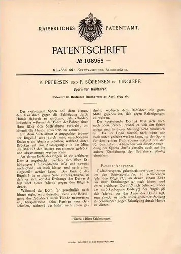 Original Patentschrift - P. Petersen und F. Sörensen in Tinglev Sogn / Tingleff ,1899, Sporn für Radfahrer gegen Hunde !