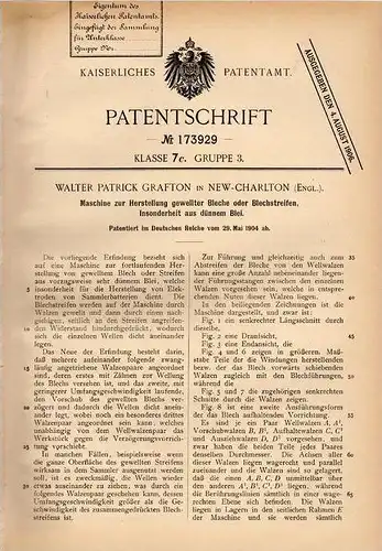 Original Patentschrift - W. Grafton in New Charlton , 1904 ,, Maschine für Bleche aus Blei !!!