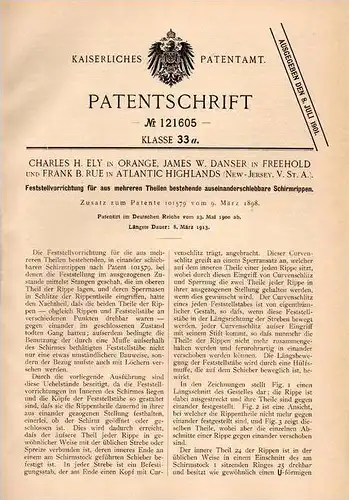 Original Patentschrift - J. Danser in Freehold und B. Rue in Atlantic Highlands , New Jersey ,1900, Schirm , Regenschirm