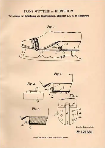 Original Patentschrift - F. Witteler in Hildesheim , 1900 , Befestigung für Schlittschuhe und Steigeisen !!!