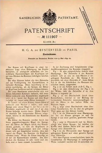 Original Patentschrift - H. de Bysterveld in Paris , 1899 , Einsteckkamm , Kamm , Haare , Friseur !!!