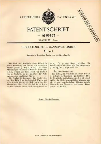 Original Patentschrift - Billard , 1892 , H. Schulenburg in Hannover - Linden !!!