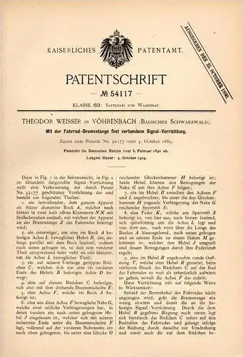 Original Patentschrift - Th. Weisser in Vöhrenbach , Schwarzwald , 1890, Signalapparat für Fahrräder , Klingel , Fahrrad