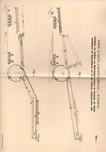 Original Patentschrift - Koenig & Bauer in Kloster Oberzell b. Würzburg ,1899, Apparat für Makulatur , Druckerei , Druck