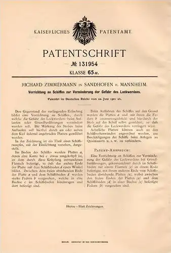 Original Patentschrift - R. Zimmermann in Sandhofen b. Mannheim , 1901 , Apparat gegen Lecks bei Schiffen , Schiff !!!