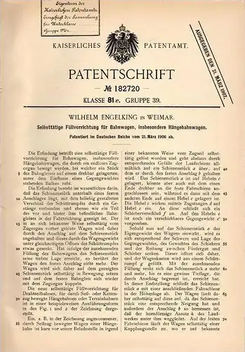 Original Patentschrift - W. Engelking in Weimar , 1906 , Füllapparat für Hängebahn , Eisenbahn !!!