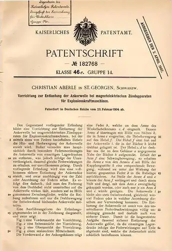 Original Patentschrift - Ch. Aberle in St. Georgen i. Schwarzw. , 1904 , Entlastungsapparat für Explosionskraftmaschinen