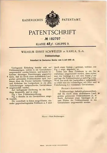 Original Patentschrift - W. Schweizer in Kahla b. Löbschütz u. Jena , 1905 , Frühbeet - Anlage , Gärtnerei , Gärtner !!!