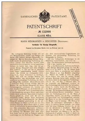 Original Patentschrift - H. Hermansen in Ringstedt , Dänemark , 1900 , Verteiler für flüssigen Dünger , Landwirtschaft !