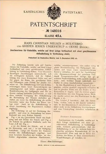 Original Patentschrift - K. Understrup in Oerre und Holstebro , Dänemark , 1902 , Jaucherinne für Viehstall , Jauche !!!