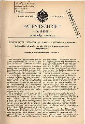 Original Patentschrift - H. Ohlhaver in Büchen b. Hamburg , 1906 , Melkmaschine , Melker , Kühe , Melken !!!