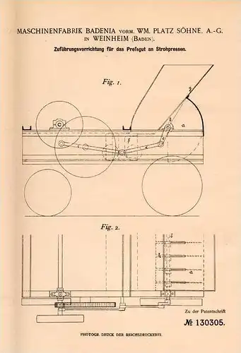 Original Patentschrift - Maschinenfabrik Badenia in Weinheim i. Baden , 1901 , Zuführung für Strohpresse !!!