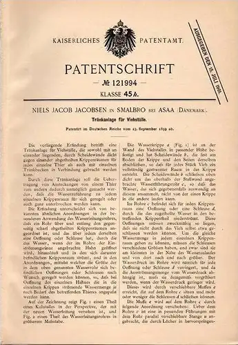 Original Patentschrift - N. Jacobsen in Smalbro b. Asaa , 1899 , Tränkanlage für Viehstall , Viehzucht , Tierzucht !!!