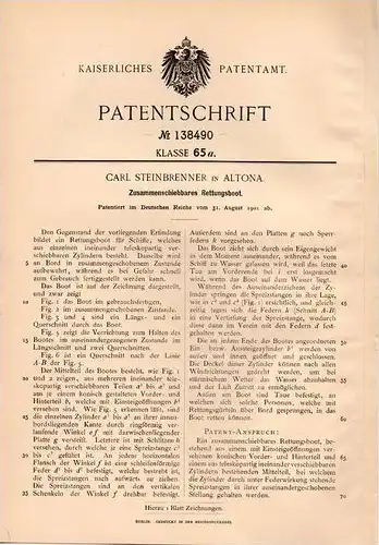 Original Patentschrift - Rettungsboot , Boot , 1901 , C. Steinbrenner in Altona !!!