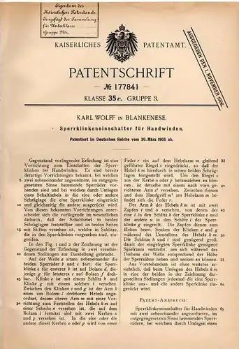 Original Patentschrift - Karl Wolff in Blankenese , 1905 , Sperrklinkenschalter für Seilwinde !!!