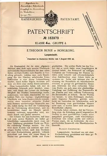 Original Patentschrift - E. Bunje in Hongkong , 1906 , Lampendocht , Docht , Lampe !!!