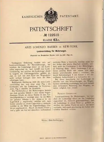 Original Patentschrift - Lenkung für Motorwagen , Automobile , 1899 , Anzi Loreno Barber in New York !!!