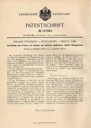 Original Patentschrift - E. Fröhlich in Schellhorn b. Preetz , Kiel , 1898 , Presse für Kacheln , Strangpresse !!!