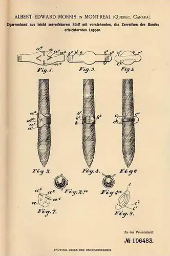 Original Patentschrift - A. Morris in Montreal , 1898 , Cigarrenband , Cigarre , Cigarrenring , Zigarre !!!