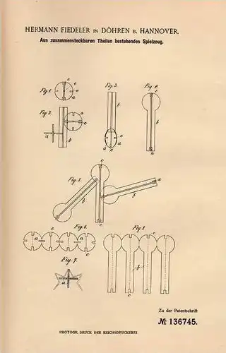 Original Patentschrift - H. Fiedeler in Döhren b. Hannover , 1901 , Spielzeug aus Steckteilen !!!