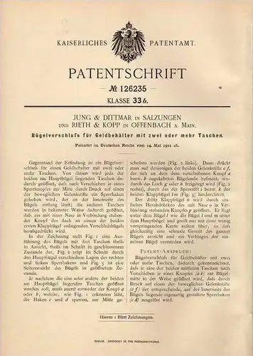 Original Patentschrift - Jung & Dittmar in Salzungen , 1901 , Portmonnaie - Verschluß , Geldbörse  , Portmonee , Geld !!