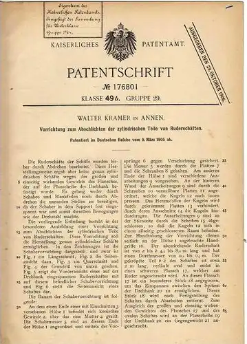 Original Patentschrift - W. Kramer in Annen , 1905 , Abschlichten von Ruder - Schäften  !!!