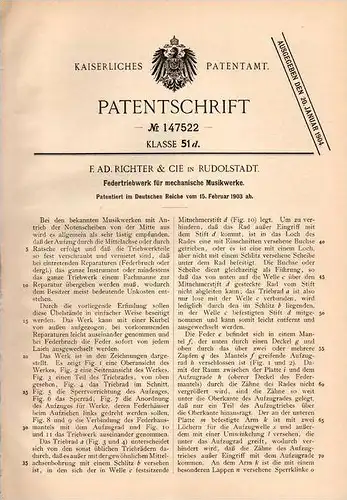 Original Patentschrift - E. Richter & Cie in Rudolstadt , 1903 , Triebwerk für Musikwerke !!!