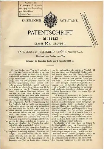 Original Patentschrift - K. Loske in Hillscheid b. Höhr , 1905 , Maschine zum Graben von Thon !!!