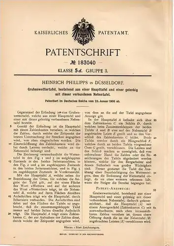 Original Patentschrift - H. Phillips in Düsseldorf , 1906 , Grube , Bergwerk , Schacht , Bergbau , Flötz , Wettertafel !
