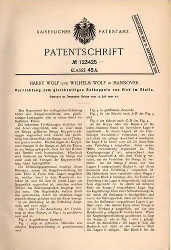 Original Patentschrift - H. Wolf in Hannover , 1900 , Enkuppeln von Vieh im Stall , Viehzucht !!!