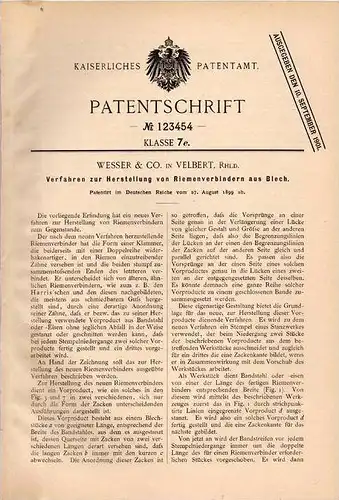 Original Patentschrift - Wesser & Co in Velbert , Rhld., 1899 , Riemenverbinder aus Blech !!!