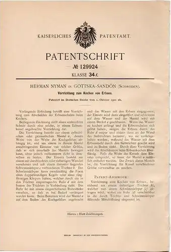 Original Patentschrift - H. Nyman in Gottska - Sandön , 1901 , Kocher für Erbsen , Gotska Sandön !!!