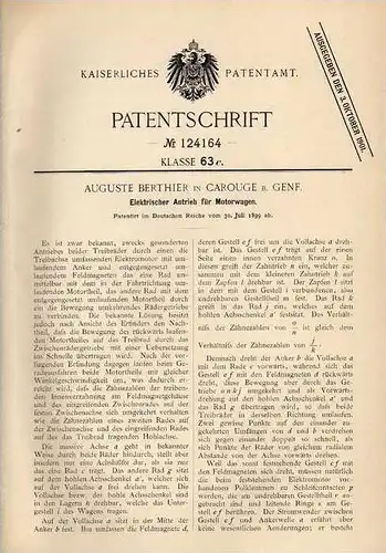 Original Patentschrift - A. Berthier in Carouge b. Genf , 1899 , Antrieb für Motorwagen , Automobile !!!