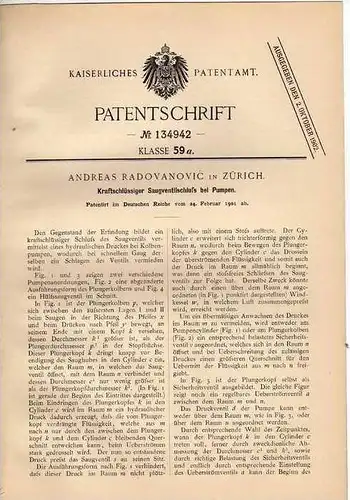 Original Patentschrift - A. Radovanovic in Zürich , 1901 , Saugventilschluß für Pumpen , Hydraulikpumpen !!!