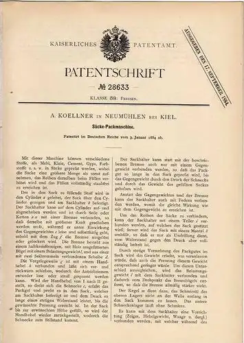 Original Patentschrift - A. Koellner in Neumühlen b. Kiel , 1884 , Packmaschine für Säcke , Getreide , Mehl , Mühle !!!