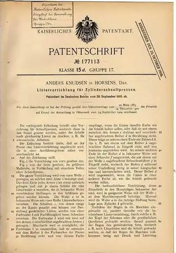 Original Patentschrift - A. Knudsen in Horsens , 1905 , Zylinderschnellpresse , Presse !!!