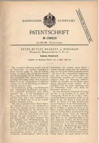 Original Patentschrift - P. Bradley in Hingham , USA , 1898 , Endloses Becherwerk , Förderband !!!