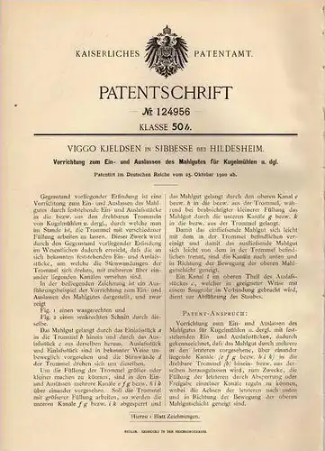 Original Patentschrift - V. Kjeldsen in Sibbesse b. Hildesheim , 1900 , Kugelmühle , Mühle , Müller !!!