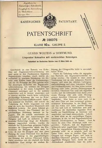 Original Patentschrift - G. Wolters in Dortmund , 1903 , Koksofen , Koks , Hochofen !!!