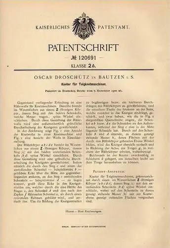 Original Patentschrift - O. Droschütz in Bautzen i.S., 1900 , Teigknetmaschine , Bäcker , Bäckerei !!!