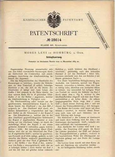 Original Patentschrift - M. Levi in Homburg a. Ohm , 1883 , Feuerzeug , Schlagfeuerzeug !!!