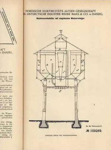 Original Patentschrift - Ostdeutsche Industriewerke in Danzig , 1899 , Behälter für Hochwasser mit Wasserreiniger !!!