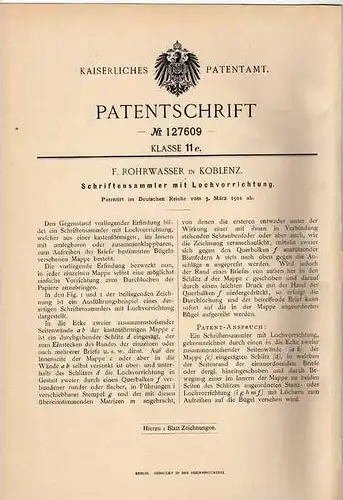 Original Patentschrift - F. Rohrwasser in Koblenz , 1901 , Schriftensammler für Briefe , Dokumente !!!