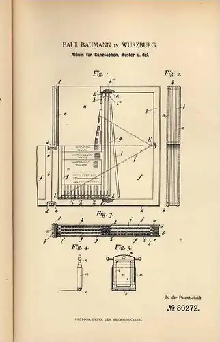 Original Patentschrift - P. Baumann in Würzburg , 1894 , Album für Ganzsachen , Sammlung  !!!